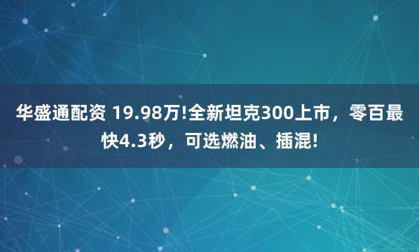 华盛通配资 19.98万!全新坦克300上市，零百最快4.3秒，可选燃油、插混!